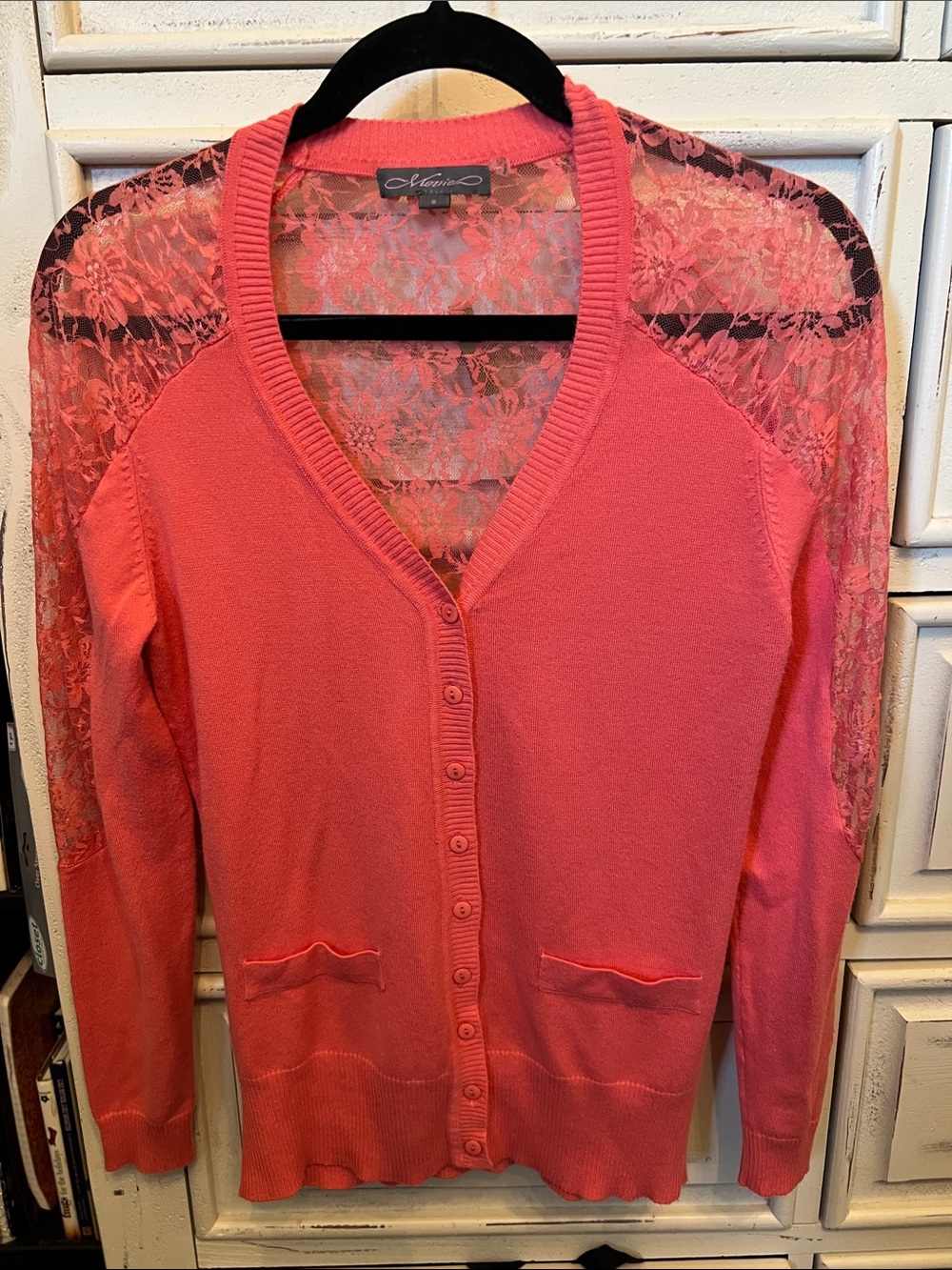 Coral Lace-Back V-Neck Button Cardigan